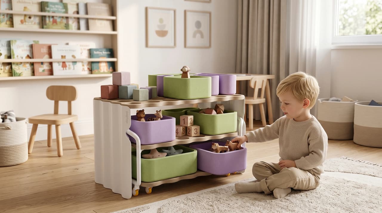 Realistic AI product visualization of modular children's storage furniture for a kids' playroom.