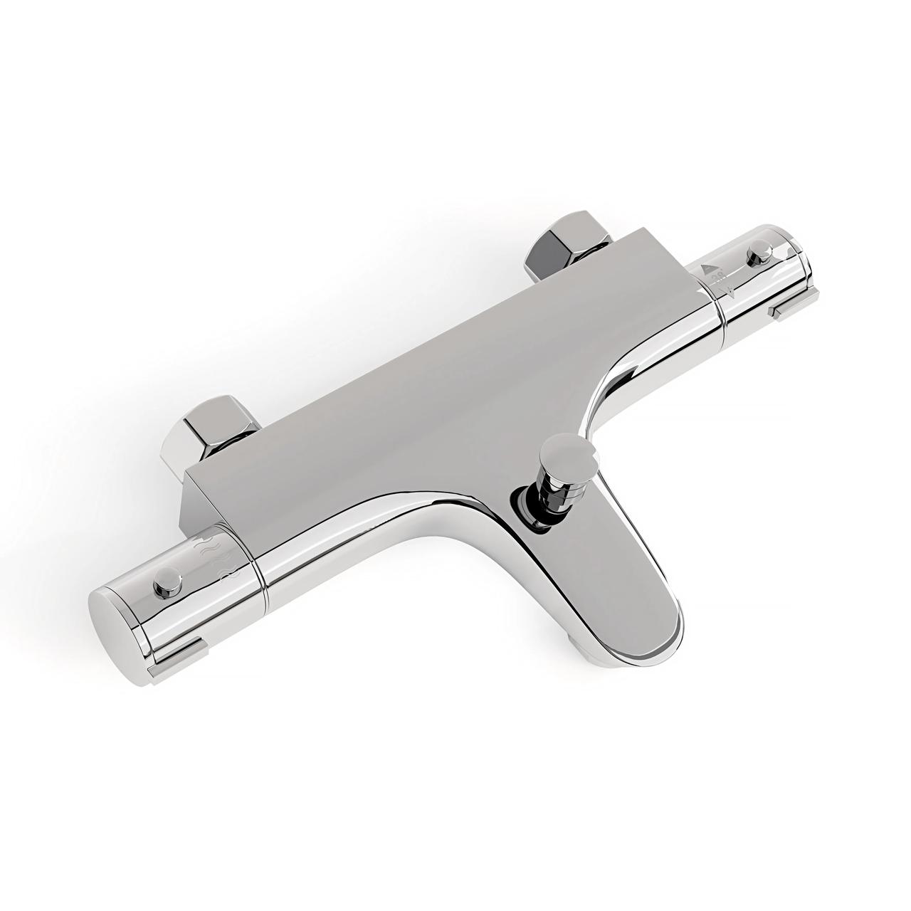Studio isolated shot of a modern chrome thermostatic bath and shower mixer tap on a plain white background