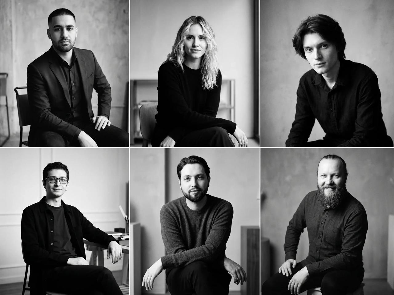 Black and white Utopia 360 Studio portraits of a professional furniture visualization team