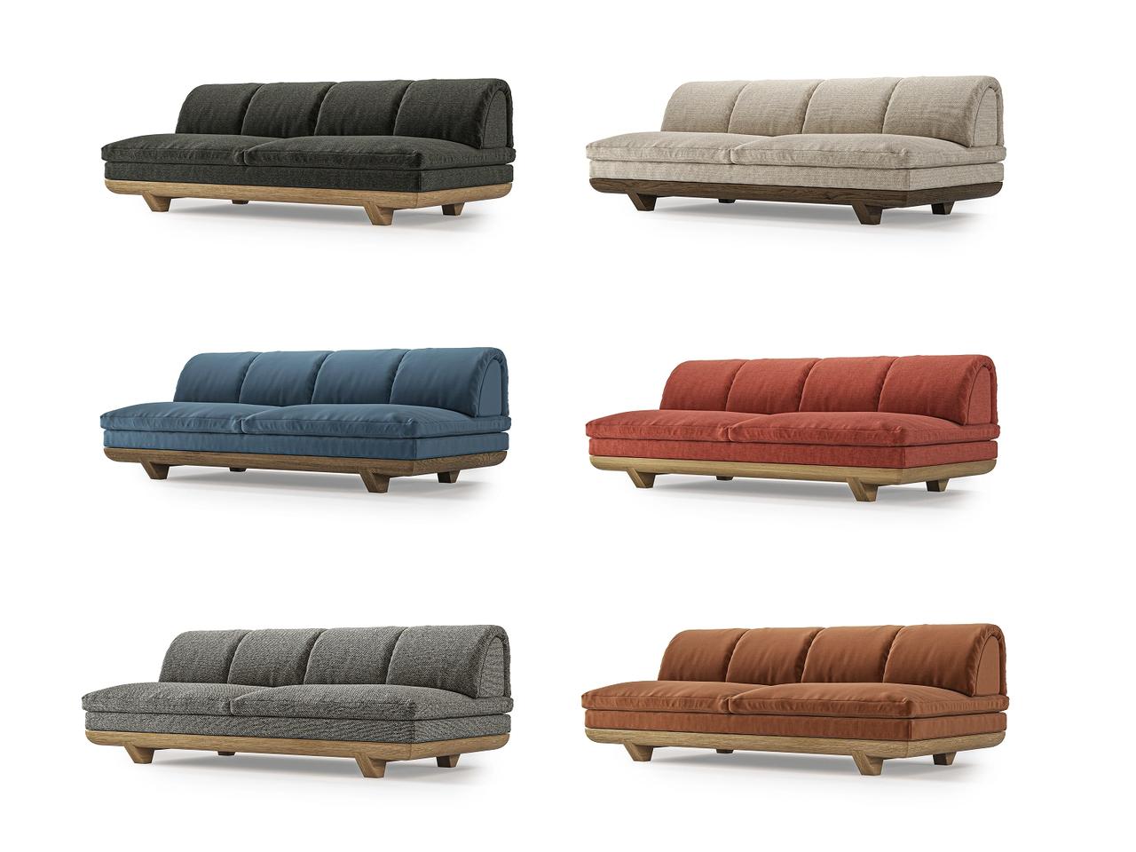 A grid of multiple fabric and color variations for a modern sofa 3d model created through cgi modeling services for e-commerce catalogs and product configurators.