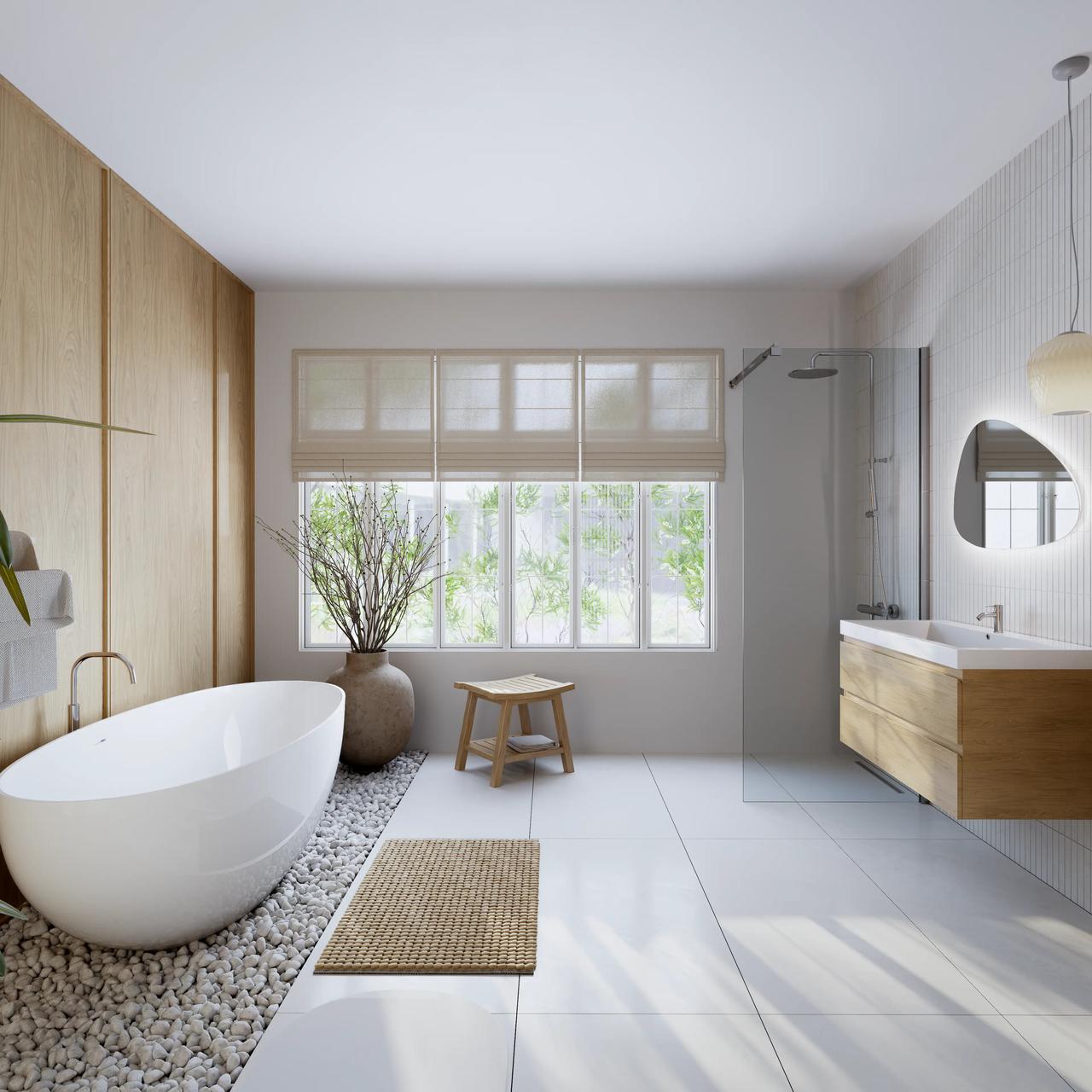 Spacious bright bathroom interior featuring a white oval freestanding bathtub set on decorative pebbles, a large window with blinds, a walk-in glass shower, and a floating wooden vanity