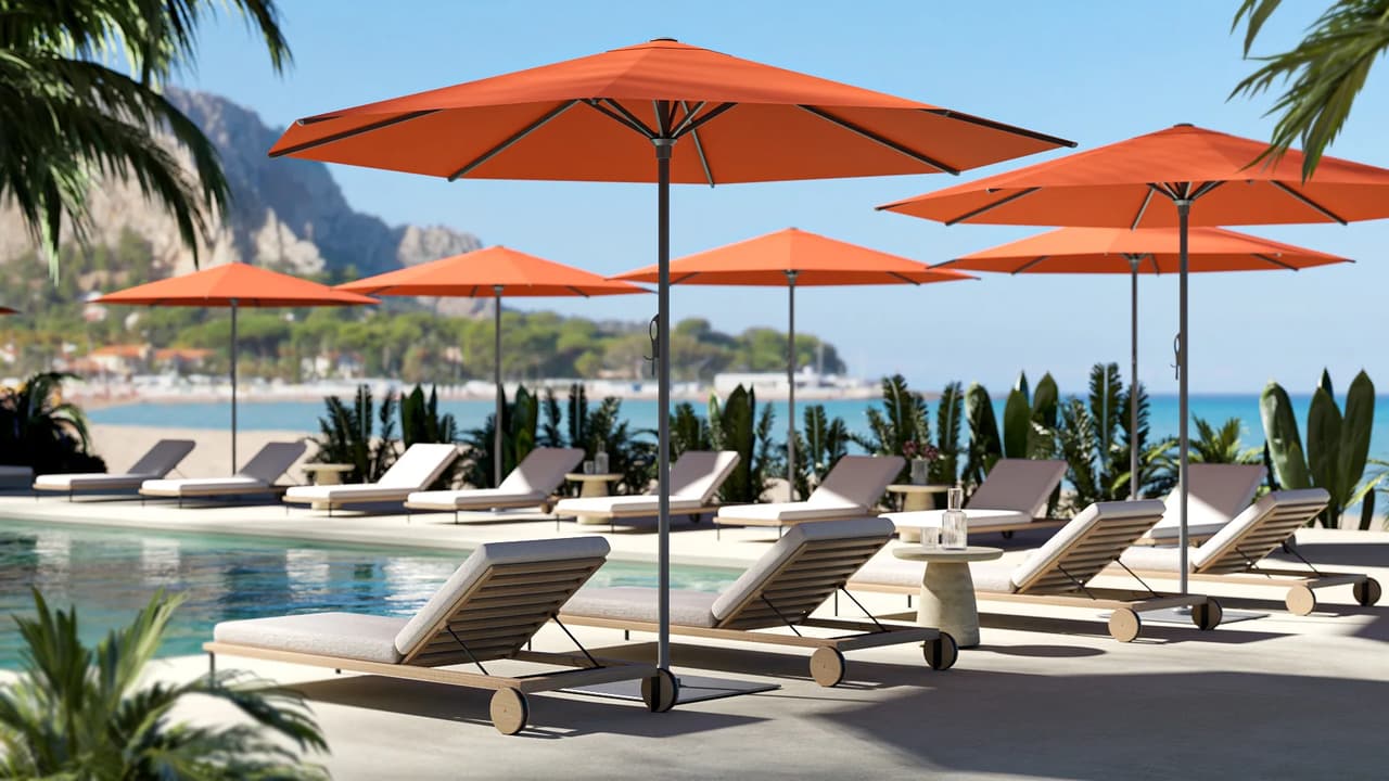 Natural wide view of a luxury resort pool deck lined with vibrant orange patio umbrellas, wooden lounge chairs, and tropical palm trees overlooking an ocean beach with distant mountains