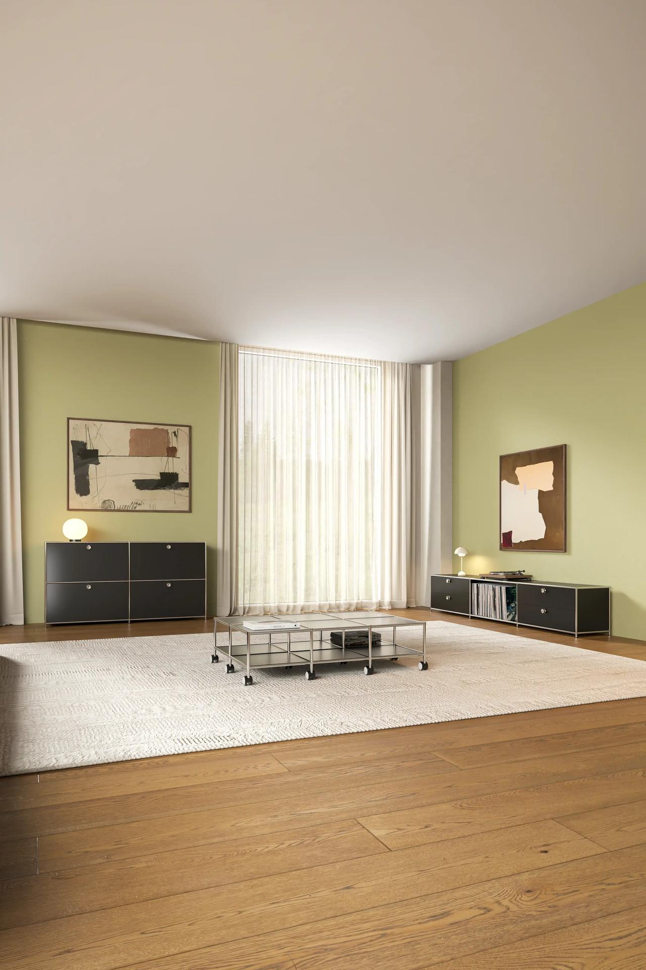 A spacious and cozy home interior showcasing versatile 3d cabinet design, with black modular storage units, a glass coffee table, and a white rug on wooden flooring.
