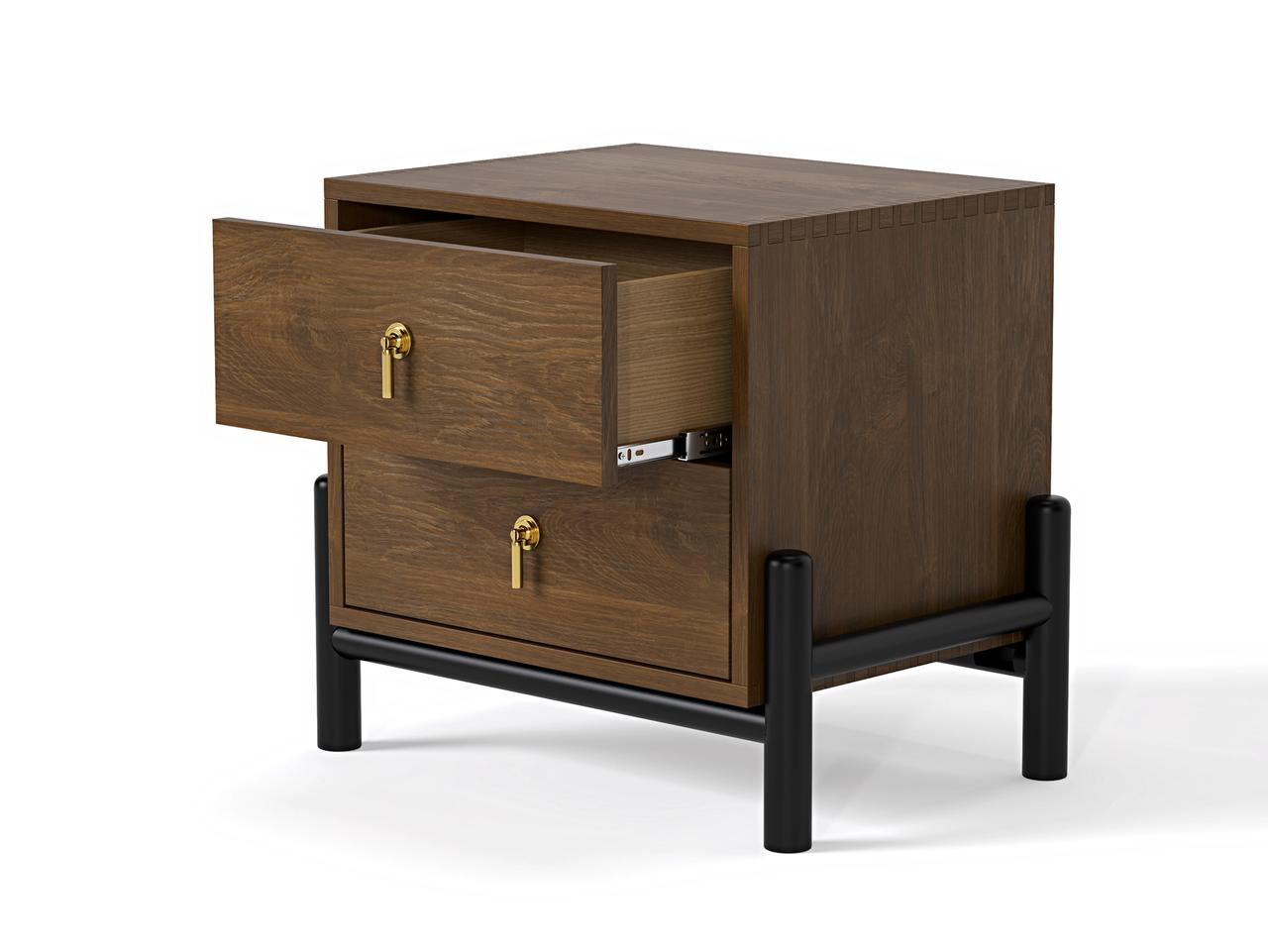 An isolated 3D product render of a dark wood nightstand with two drawers and gold handles, set on black metal legs. The top drawer is open to highlight the internal sliding hardware and wood grain texture against a solid white background.