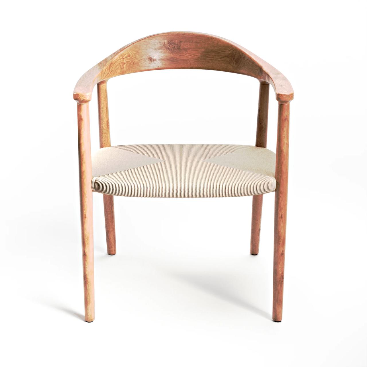 Front view studio render of a wooden armchair with a woven cord seat