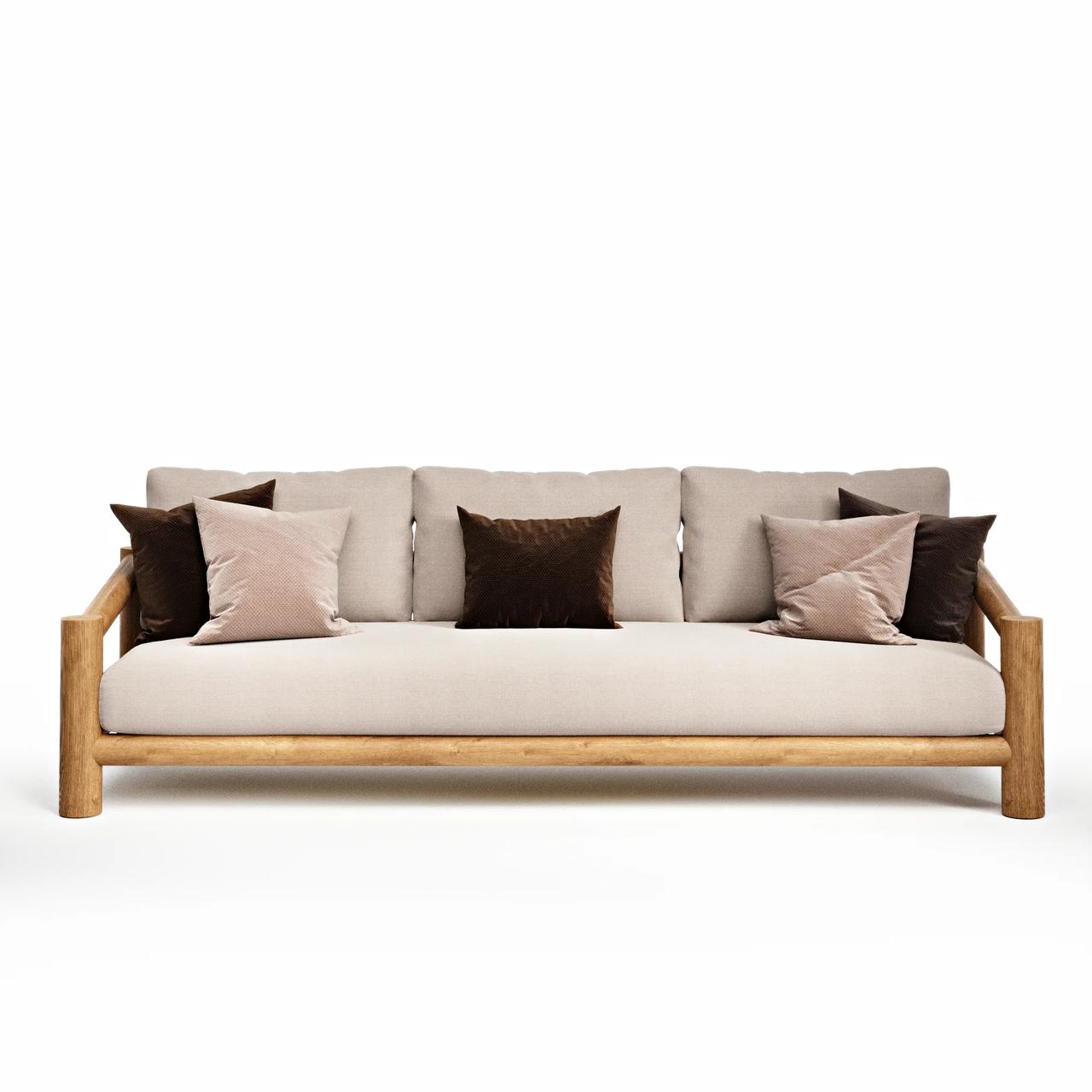 Front view white background render of a modern sofa with wooden frame and soft cushions.